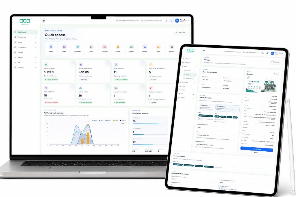Admin dashboard with growth analytics and store management web panel