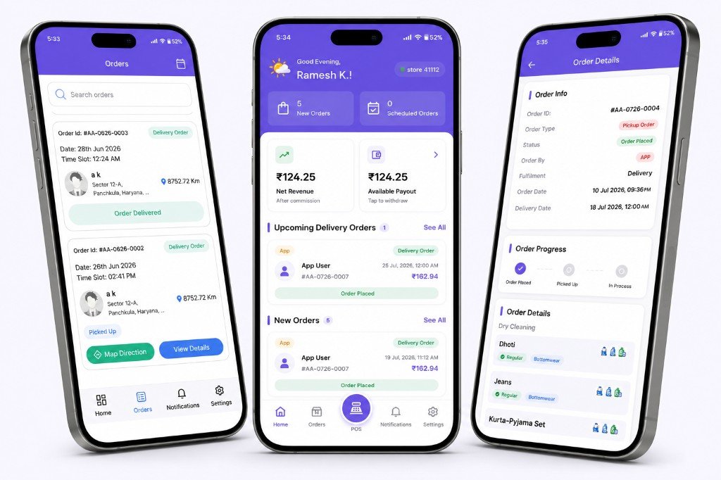 Store merchant app showing orders dashboard, revenue metrics and order details